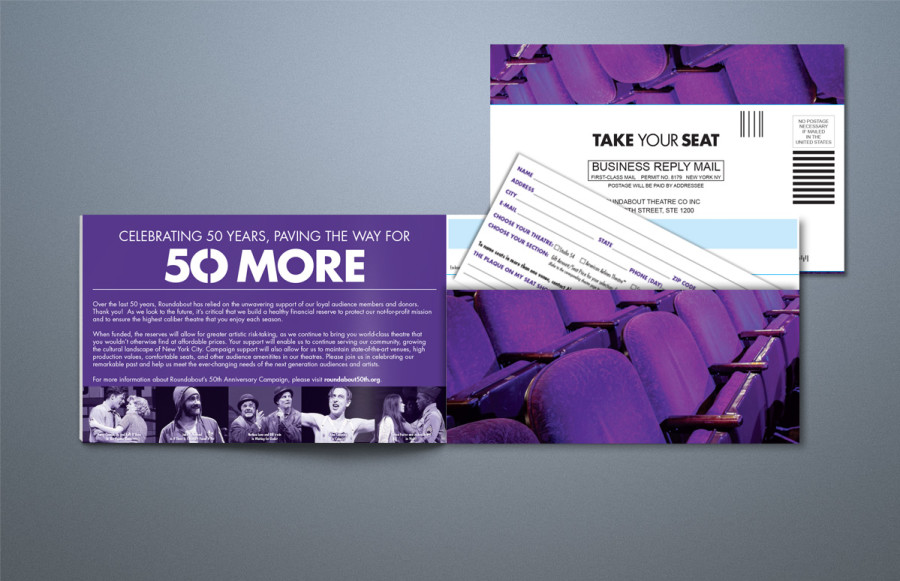 Take Your Seat Promotion: Cover features special die cut and welded seam for built in reply envelope with perforation.