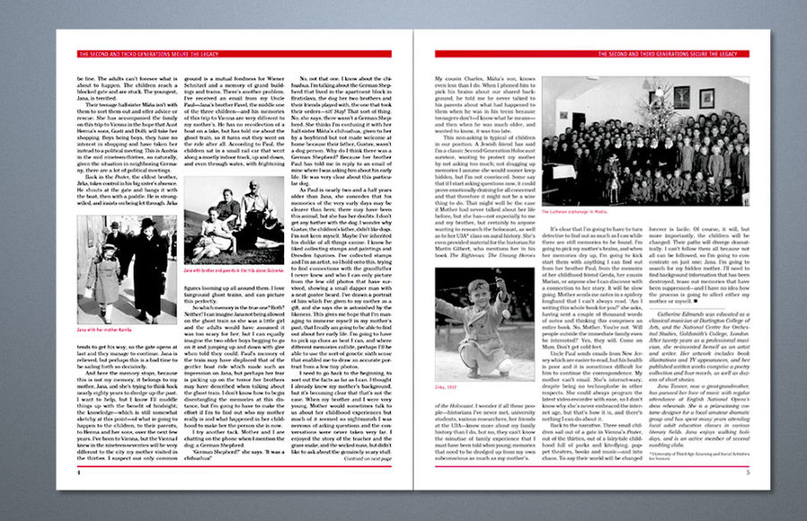 Anti-Defamation League - The Hidden Child: 5,000 40 page plus cover books.  8½ x 11.  Cover prints 4/4, Interior prints PMS 200 Red plus Black, 2 sides.  Cover stock: 70# Bright White Opaque.  Interior Stock: 60# Bright White Opaque.  Fold, stitch, trim.  Bulk in cartons.