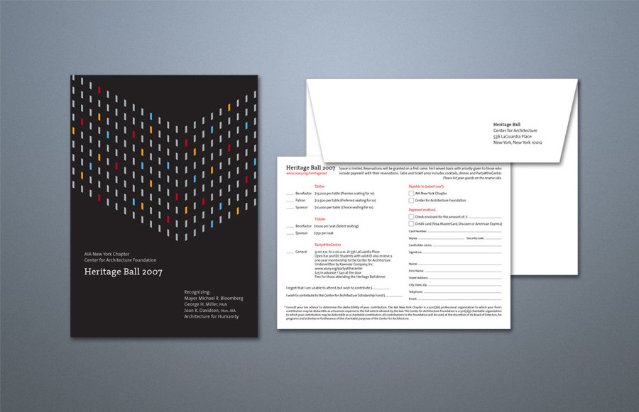 benchmark-aia-center-for-architecture1 Heritage Ball 2007: Five piece invitation set. Invite printed 3 PMS spot colors plus metallic grey. All knock out of triple color dense background (100% black + 50% black + 40% red) plus overall aqueous coating. Collate invite, vellum sheet, response card and reply envelope into mailing envelope and mail 15,000 pieces from supplied mail files.