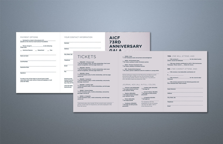 Trifold Invite: 14 7/8" x 7" folding to 5" x 7" prints 2 PMS plus satin varnish (3/3) On 80# silk cover. Trifold Reply Card 13 ¾" x 6 ¼" folds to 4 5/8" x 6 ¼" prints 2 PMS + spot satin gloss varnish on 80# silk cover. A7 & A6 envelopes print 1/0. Production Note: PMS 8100, metallic purple, printed and allowed to dry before printing PMS 7847 Deep Purple and satin varnish.