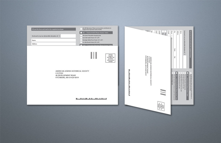 Custom mailing device: 17-3/4 x 8-3/8 plus bleed printed black 2/sides on 60# uncoated offset. Weld seam, remoistenable glue strip and perf. Finished size 13 x 8-3/8. Stitch into center spread of booklet.