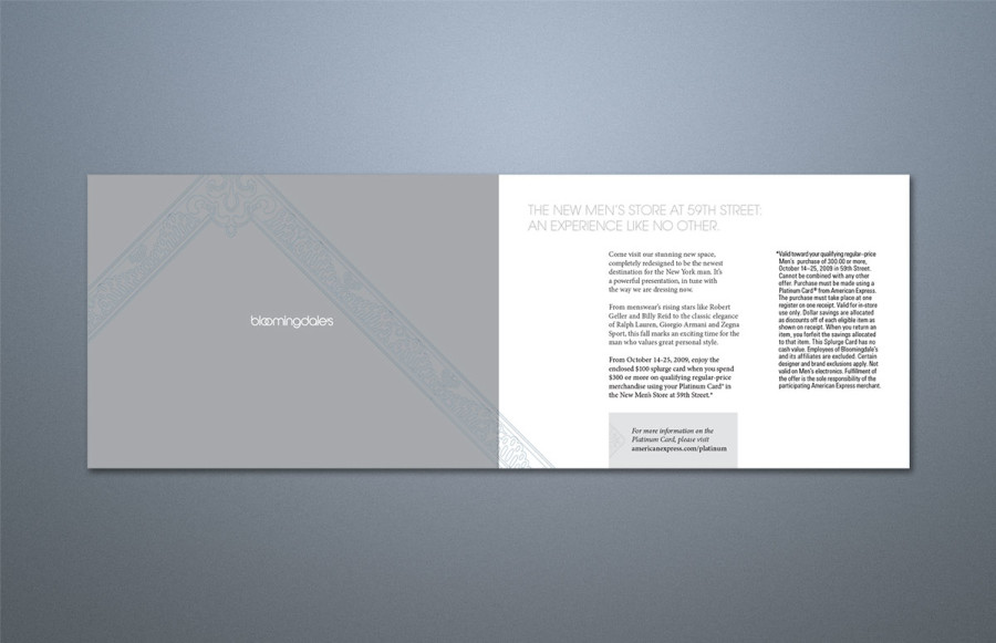 Bloomingdale's - AMEX Splurge Card: 50,000 14 x 5 cards. Process + metallic silver + gloss film lamination two sides. Die-score, trim. 50,000 A-7 envelopes converted with gum flap. Printing 3/0 PMS silver, black + overall varnish.