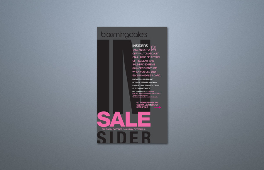 Bloomingdale's Fall Mailer + Bind-in Insert: 1,150,000 mailers- 20 pages + cover + Bind-in Insert. Two lots with changes on covers. Covers print process + 2 hits black + spot gloss and spot matte varnish, die score. Text prints 4/4. Insert prints 4/4.