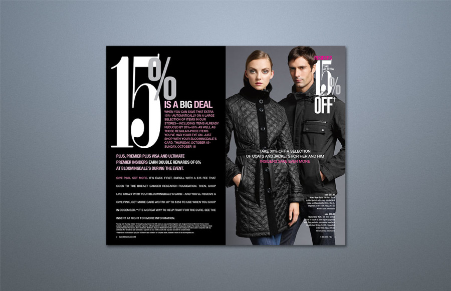 Bloomingdale's Fall Mailer + Bind-in Insert: 1,150,000 mailers- 20 pages + cover + Bind-in Insert. Two lots with changes on covers. Covers print process + 2 hits black + spot gloss and spot matte varnish, die score. Text prints 4/4. Insert prints 4/4.
