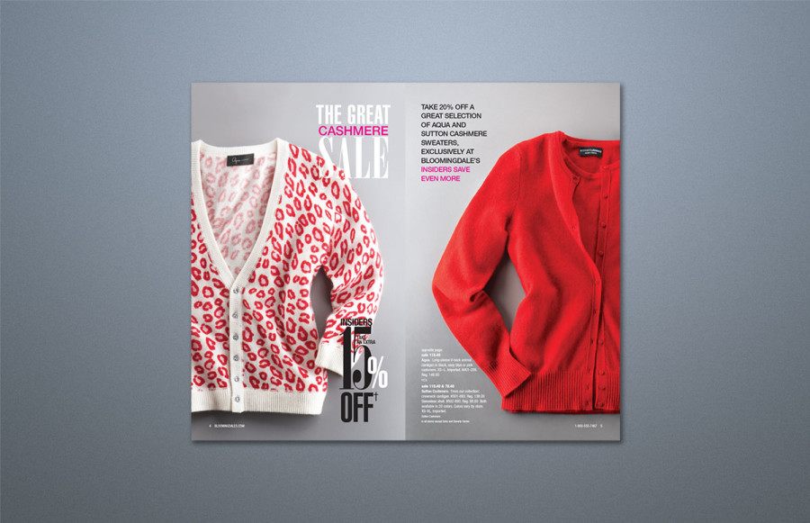 Bloomingdale's Fall Mailer + Bind-in Insert: 1,150,000 mailers- 20 pages + cover + Bind-in Insert. Two lots with changes on covers. Covers print process + 2 hits black + spot gloss and spot matte varnish, die score. Text prints 4/4. Insert prints 4/4.