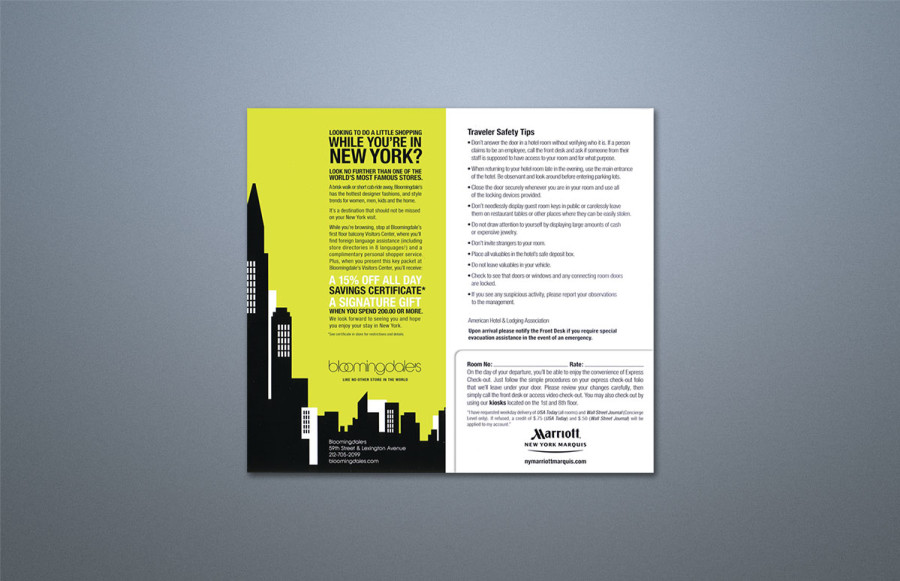 Bloomingdale's-Marriott Key Holder: 100,000 4 page cover with die-cut pasted pocket and 4 page insert. Cover and insert print 3/5 on 100# gloss cover and text.