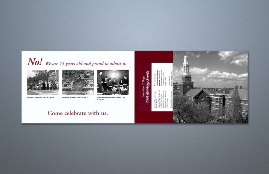 Brooklyn College Pocket Folders: Two versions of pocket folders printing 2 colors + aqueous coating. Create glued pocket and insert buck slips. Sort, address & seal customer envelope and mail with non-profit status.