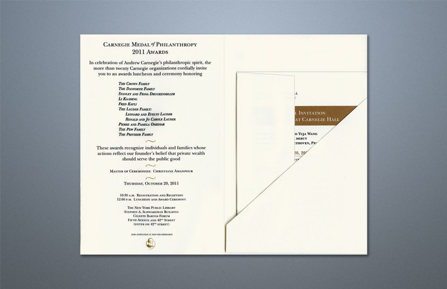 2011 Awards 8 Part Invitation Set: Invitation: Open size 21 3/8" x 8" with 1 side glued, fold-in panel and facing diagonal glued pocket. All engraved in black and gold. Score and final fold to 5 ¼" x 8" on 110# Lettra Pearl white cover. Cover features custom multi-level die.