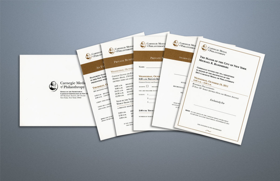 2011 Awards 8 Part Invitation Set: 5 Insert Cards: All cards 4 5/8" x 6 ¼" All engrave in black and gold on 100# Mohawk Superfine Eggshell white cover. A-9 Carrier Envelope: Engraved black on face on Lettra Pearl. A-6 Reply Envelope: Printed offset on Mohawk Superfine Eggshell White.