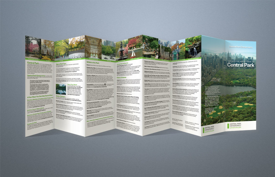 Official Guide and Map: 11 ¼" x 31 5/16" plus bleed folder printing 4/c + Aqueous 2 sides on 80# silk text. Accordian fold with wrap at one end (8 panels, 7 folds). Shrink wrap and pack.