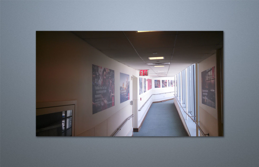 Emirates JFK Jetway: Imaging and installation of 15 posters of various sizes for Emirates JFK jetway. Imaging of art on white SAV (self-adhesive vinyl).