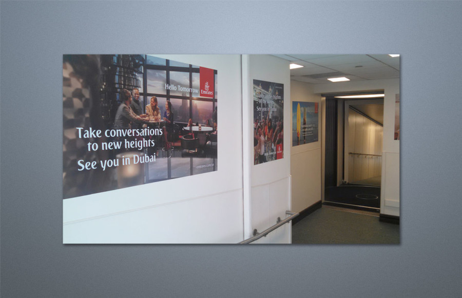 Emirates JFK Jetway: Imaging and installation of 15 posters of various sizes for Emirates JFK jetway. Imaging of art on white SAV (self-adhesive vinyl).
