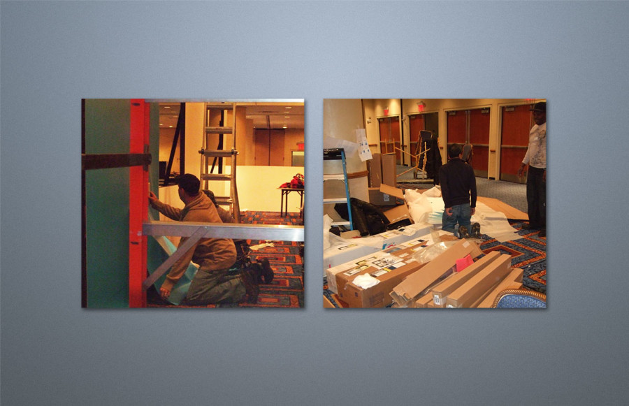 benchmark-imagination-usa-amex1 Benchmark Graphics has the unique capability to install the graphics that we image for sales and trade shows. These photos show our installation crew doing a midnight install for our client, Imagination (USA) for an American Express sales conference at a major New York hotel.
