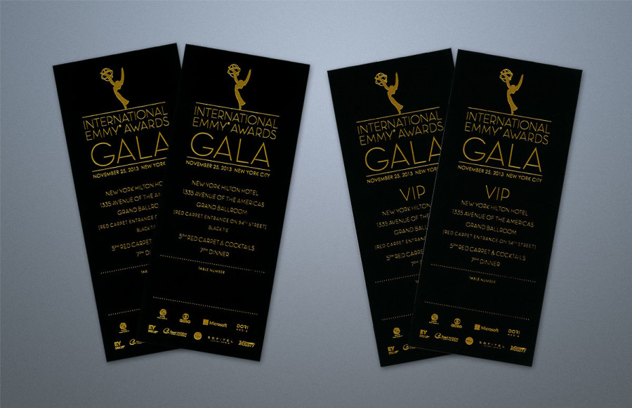 Tickets: 1000 Tickets: 2 ½" x 6" printing on #130 Cover Neenah Classic Crest Epic Black Smooth. Foil stamped in gold 1/0. 400 VIP Tickets: Same specs, different copy.