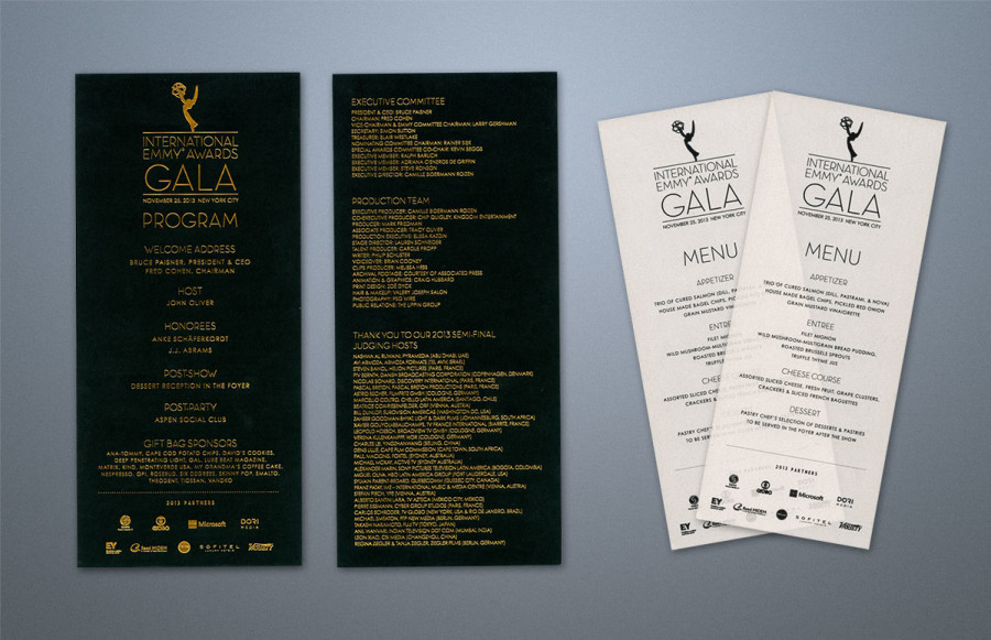 Menus and Programs: 1300 Menus: 3¾" x 9¼" printed offset using oxidizing inks on 36# Neenah UV Ultra Radiant White Translucent Vellum. 1300 Programs: 5" x 11" printing on 130# Cover Neenah Classic Crest Epic Black Smooth. Flat foil stamp 1/1 gold foil to match previously printed invitation.