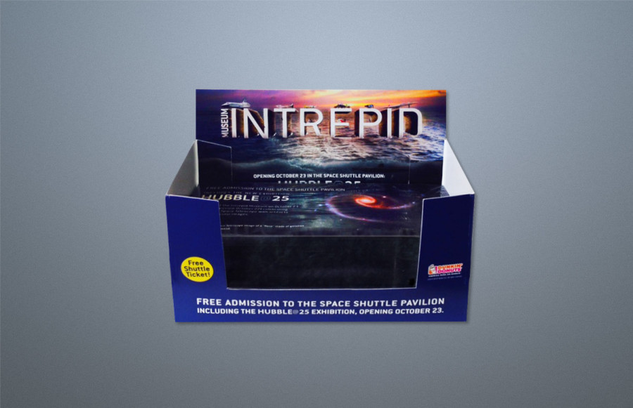 benchmark-intrepid-museum1 Three piece promotion with Dunkin' Donuts including printing, assembly, fulfillment and mailing to 642 domestic locations. Insert in shipper and rush send via UPS.
Display Boxes. 15.63 x 12.92 plus bleed. Printed 4/4 + aqueous, 2 sides (5/5) on 24pt. c2s cover. Diecut and assemble with double sided tape to final size of 9.75h x 3.25d x 7.125w.