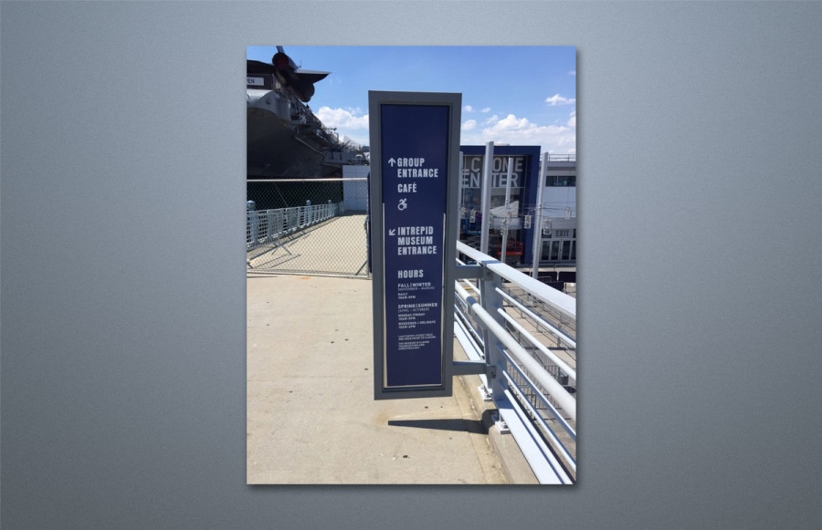 benchmark-intrepid-visitor-center1 Indoor/Outdoor Signage: Complete signage imaging and installation of various elements in newly opened Visitor Center. Imaging from client’s files on Self Adhesive Vinyl, Cut Vinyl, Dibond and Perf Vinyl on all indoor and outdoor way finding signage. Our responsibility also included creation and installation of Braille signage.