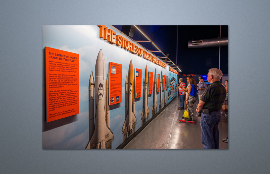 Space Shuttle Entrance and Main Exhibit Area: Main Exhibit Area - Approximately 7 1/2' x 45' using 1/4" Sintra base panels imaged with certain caption copy mounted on dimensional panels. Also, CAD CAM cut-outs replicating jig saw puzzle.