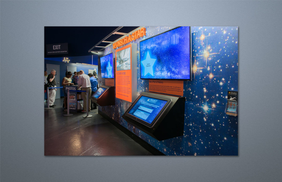 Space Shuttle Entrance and Main Exhibit Area: Sponsor A Star display using 1/4" imaged Sintra with integrated electronics. All exhibition areas kept open for visitors during installation.