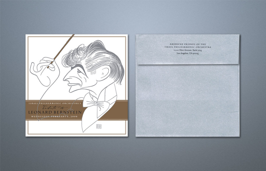 benchmark-israeli-philharmonic-orchestra1 Direct Mail Program: Five part direct mail program with six sequential mail drops. Invites print metallic silver and gold plus black and AQ over black, metallic gold and AQ. Different lots each with reply card (3/3), carrier envelopes on metallic stock and vellum inserts all with oxydry ink, reply envelopes printing metallic gold.