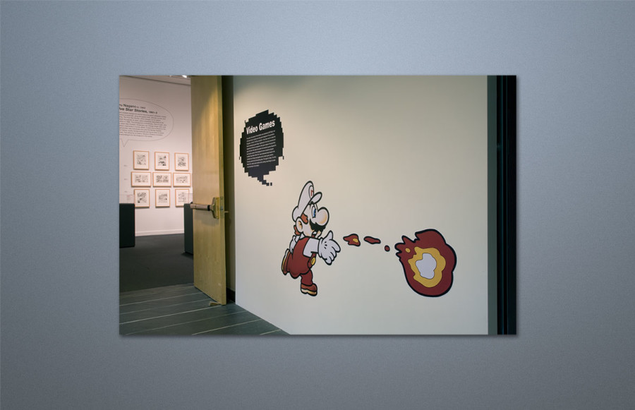 Japan Society: "KRAZY" Exhibition: All artwork digitally rendered in color or black and white on exhibition grade matte adhesive vinyl. Create die-lines for all cut outs. Mounting of selected pieces to white Sintra. Installation of all cut-outs, balloons and "artist's chats" on various surfaces.