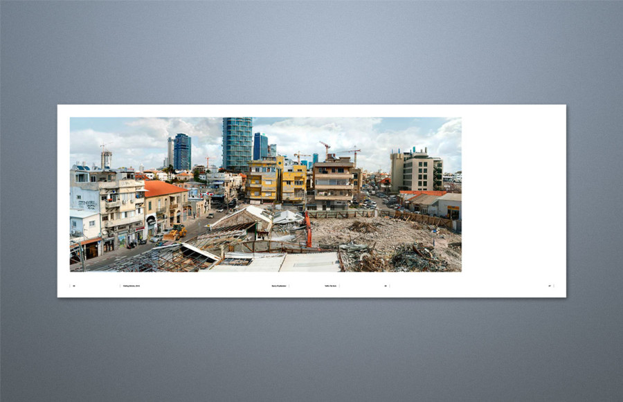 Barry Frylender: Yaffo-Tel Aviv Exhibition Catalog: 30 pages plus 24 pages of foldouts + cover. 8 1/8" x 9 1/16" trim size, perfect bound with hinge score. Cover folds out to 23.42." Front and rear flaps each x 3 1/2". Foldout pages are 5 panel, 4 panel and 3 panel. All printing as 4/C + Aqueous (5/5). Cover prints on 100# Creator Silk cover. Text prints on 100# Creator Silk text.