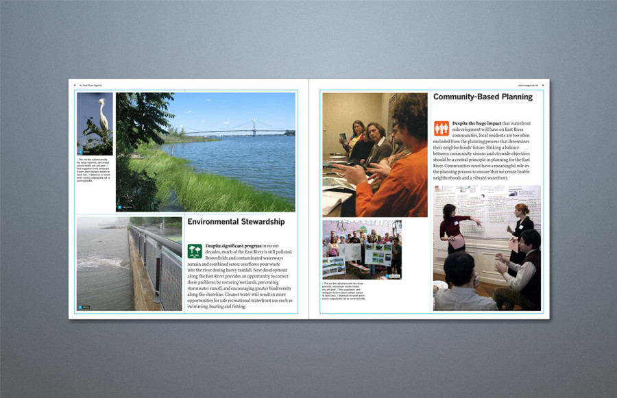East River Booklet: 16 page + Cover, 11 x 11 stitched booklet, printed 4-color process plus Aqueous throughout. 100# coated text, 100# coated cover. Critical job with critical delivery schedule met while making multiple revisions.