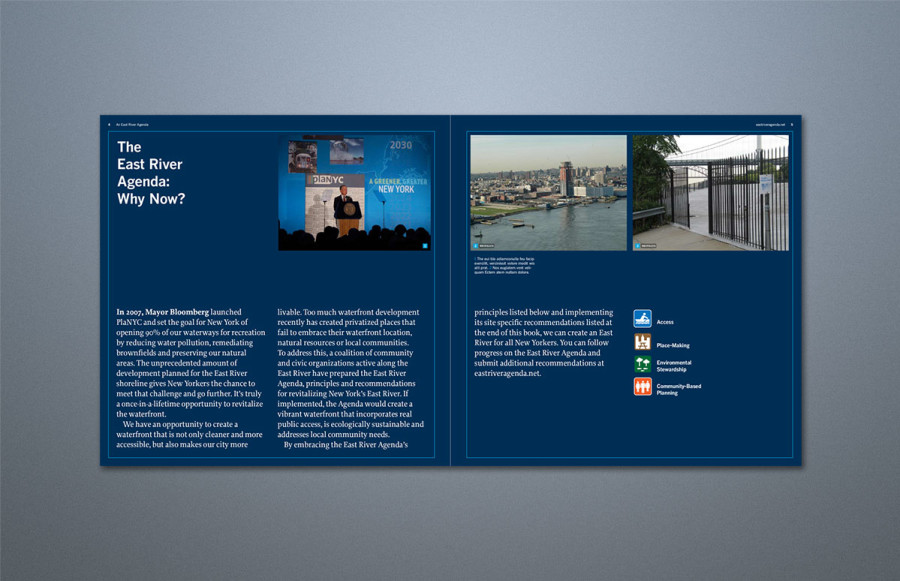 East River Booklet: 16 page + Cover, 11 x 11 stitched booklet, printed 4-color process plus Aqueous throughout. 100# coated text, 100# coated cover. Critical job with critical delivery schedule met while making multiple revisions.