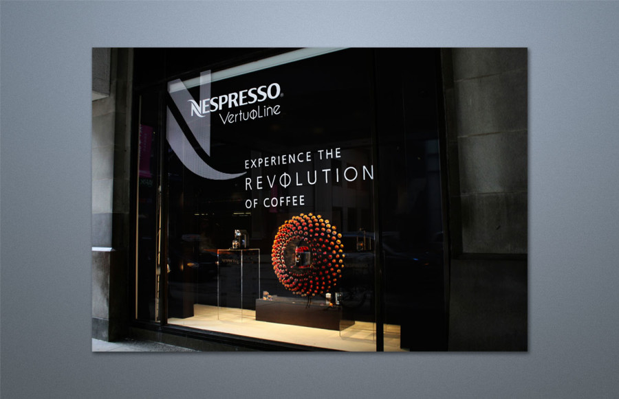 VirtuoLine Retail Window Installations: Rush installation of two windows at Macy*s New York flagship store followed by a similar installation in the Macy's Chicago store. Review drawings, scale all items to clients' instructions, create PDFs for approval, image all graphics, CAD cut lettering on clear adhesive vinyl, backgrounds printed on SAV. All for immediate installation. Package and ship overnight via dedicated courier all materials for Chicago installation.