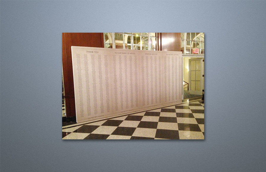 Gala Decoration: Create seven, 8 foot high walls x 6” deep by constructing individual wood frames and attaching printed Poly Canvas with blank canvas behind to prevent show-through.  All imaged from client’s art.  Free-standing units held together with hidden sandbags.