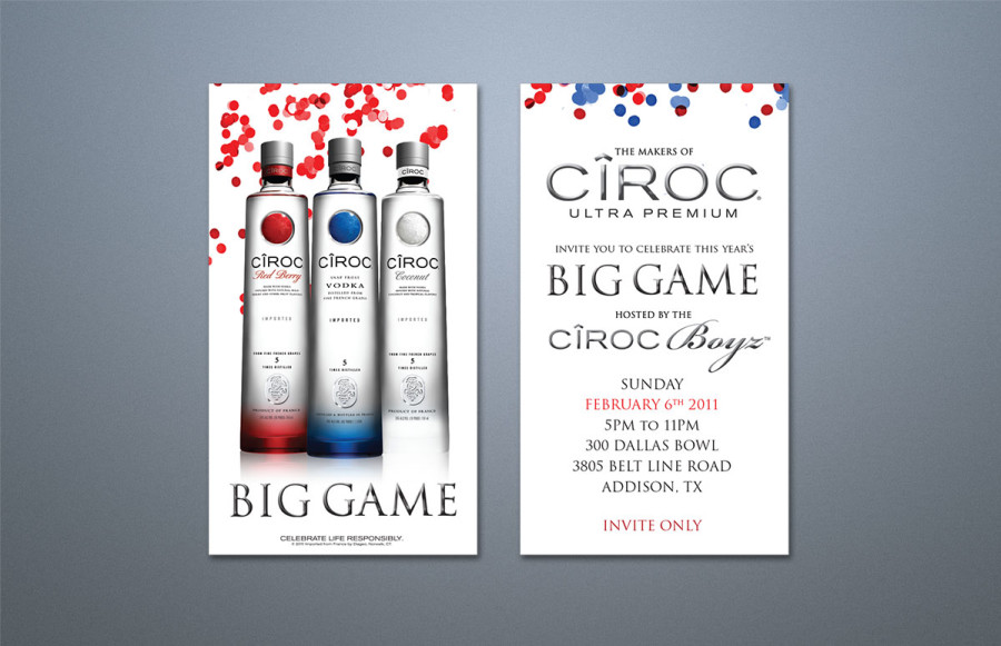 Ciroc Superbowl Invites: Digital color printing on 110# Pearlesscence White cover. Front and back units self-mounted to create double thick 4 x 7 invitation. One day production and overnight shipment to venue.