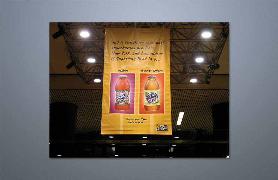 benchmark-snapple1 Snapple "Station Domination": Campaign for Snapple Beverages consisting of adhesive floor graphics, two and three sheet posters and hanging banners was installed in New York's Port Authority Terminal. Utilizing silk screen printing and digital technology, diverse graphic elements were produced to exacting standards and schedules.