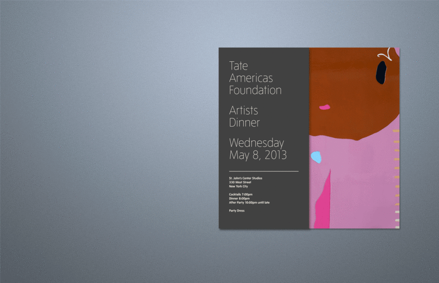 benchmark-tate-americas-foundation1 Invite: Base 6 9/16" x 12 7/8" plus bleed open. Prints 2 PMS (PMS 8403 Metallic Silver-Gray and PMS 5875 Ivory/Tan), 2 sides on 80# silk cover. Color painting on right panel, same size plus bleed. Digital print + hi-gloss UV laminate 1/side and hand mounted to back up brushed aluminum panel (with invite base sandwiched in between). Score and roll fold. Final folded size 6 ½" x 6 9/16". Shrink pack in cartons.