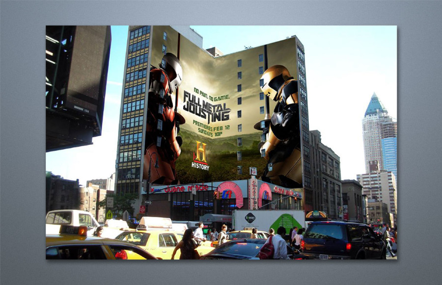 benchmark-the-history-channel1 OOH Campaigns for "Swamp People" and "Full Metal Jousting": Two time sensitive OOH campaigns for New York and LA markets produced simultaneously. Program consists of Telephone Kiosks printing 4/1/4 digital process, King Size Bus Posters, some with extensions, Bus Toppers, Billboards in various sizes, NY Wallscapes (2 panels measuring 116' x 78' and 116' x 74') printing on mesh. Show proofs for approval and print, pack and ship on 24/7 schedule.