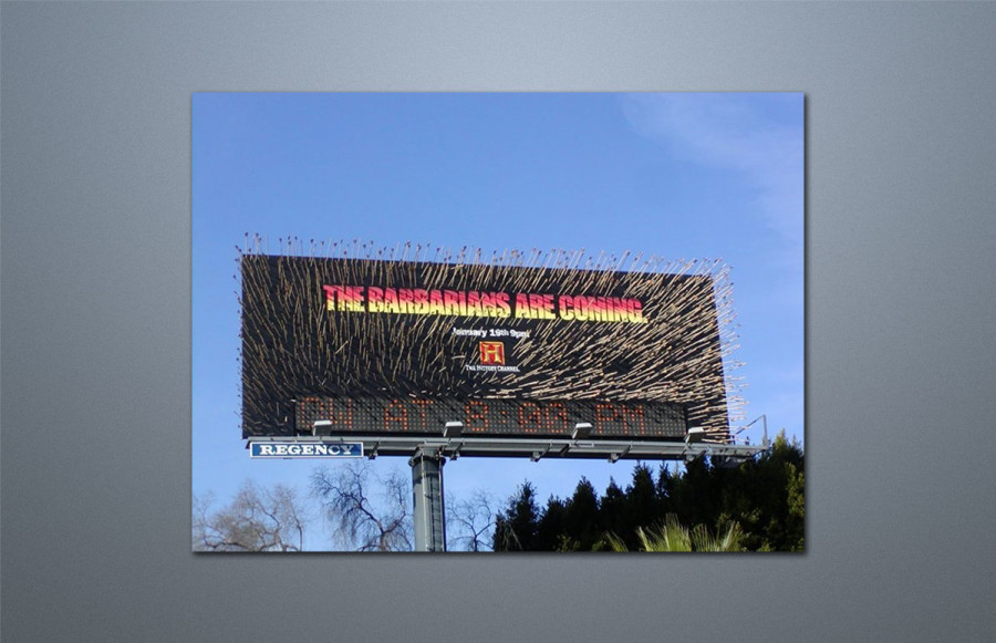 History Channel Billboard: One of two different dimensional billboards created for The History Channel. 1,200 custom made arrows fabricated from aluminum and hand painted were made for each display. Arrows were individually mounted to the billboards and each display shipped assembled in 3 modules to New York and Los Angeles.