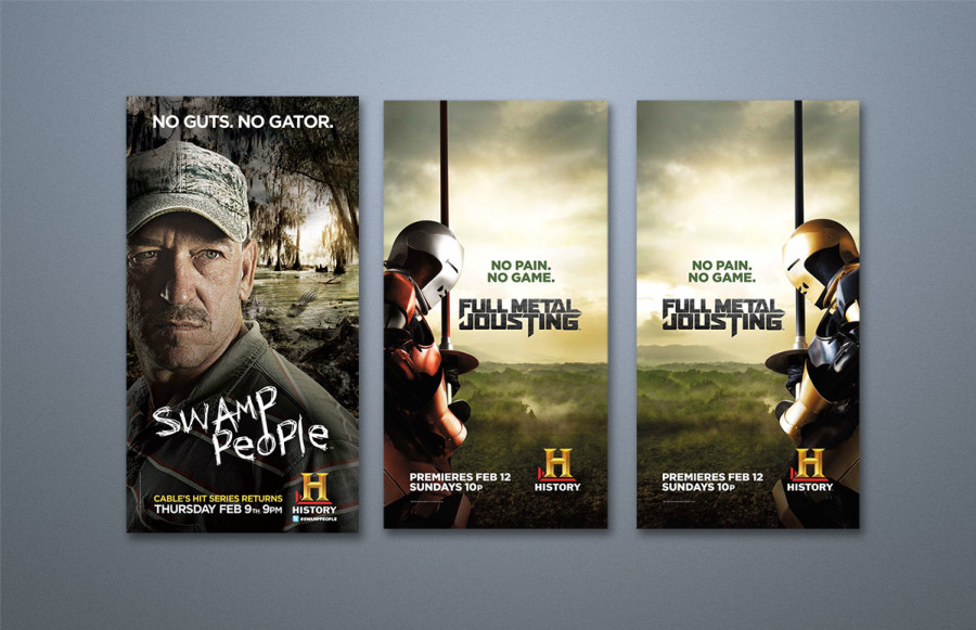 OOH Campaigns for "Swamp People" and "Full Metal Jousting": Two time sensitive OOH campaigns for New York and LA markets produced simultaneously. Program consists of Telephone Kiosks printing 4/1/4 digital process, King Size Bus Posters, some with extensions, Bus Toppers, Billboards in various sizes, NY Wallscapes (2 panels measuring 116' x 78' and 116' x 74') printing on mesh. Show proofs for approval and print, pack and ship on 24/7 schedule.