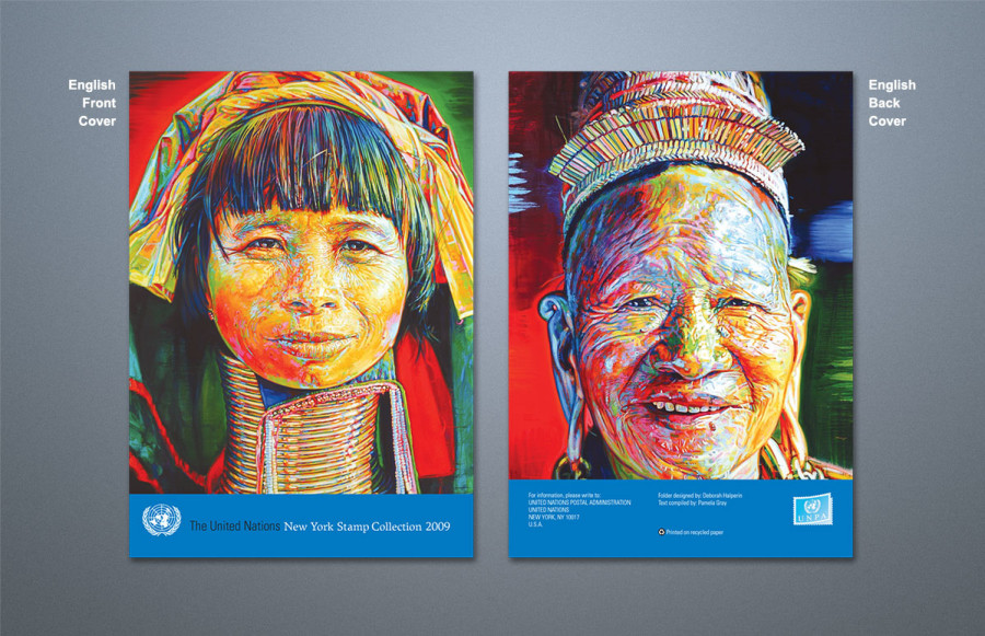 United Nations Stamp Collection Booklets: 3 lots - English, French and German. 8-1/2 x 12 bleed, 12 pages plus cover. Cover: 4-color process plus hi gloss varnish printed on 120# Recycled Gloss cover. Text: 4-color process plus spot gloss varnish on 80# Recycled Gloss text. Die score cover, fold, stitch, trim and saddle wire stitch.