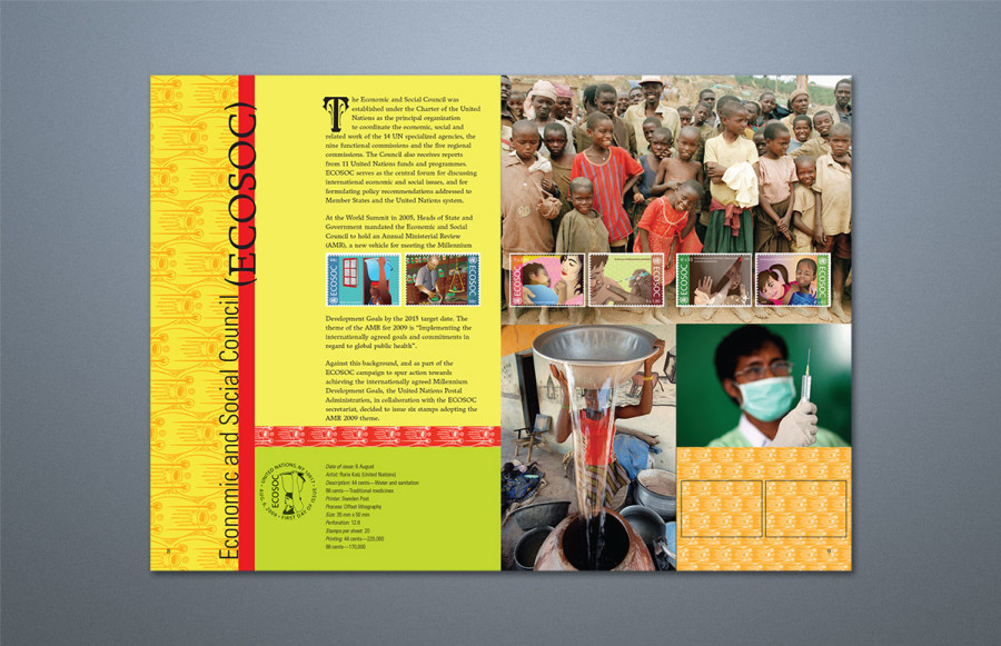 United Nations Stamp Collection Booklets: 3 lots - English, French and German. 8-1/2 x 12 bleed, 12 pages plus cover. Cover: 4-color process plus hi gloss varnish printed on 120# Recycled Gloss cover. Text: 4-color process plus spot gloss varnish on 80# Recycled Gloss text. Die score cover, fold, stitch, trim and saddle wire stitch.