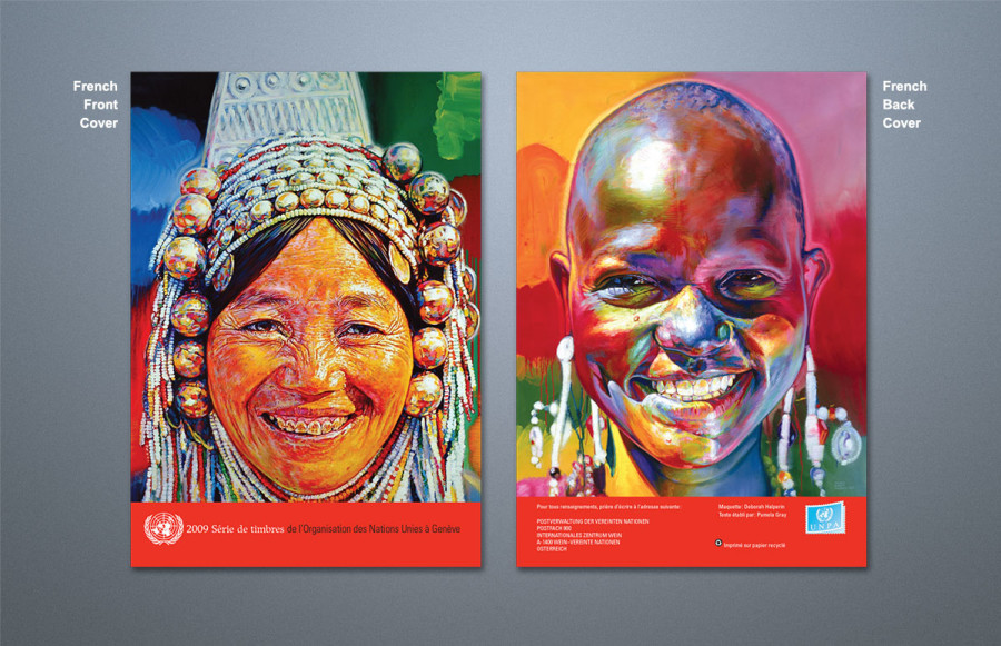 United Nations Stamp Collection Booklets: 3 lots - English, French and German. 8-1/2 x 12 bleed, 12 pages plus cover. Cover: 4-color process plus hi gloss varnish printed on 120# Recycled Gloss cover. Text: 4-color process plus spot gloss varnish on 80# Recycled Gloss text. Die score cover, fold, stitch, trim and saddle wire stitch.
