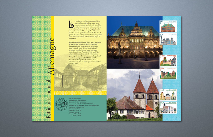 United Nations Stamp Collection Booklets: 3 lots - English, French and German. 8-1/2 x 12 bleed, 12 pages plus cover. Cover: 4-color process plus hi gloss varnish printed on 120# Recycled Gloss cover. Text: 4-color process plus spot gloss varnish on 80# Recycled Gloss text. Die score cover, fold, stitch, trim and saddle wire stitch.