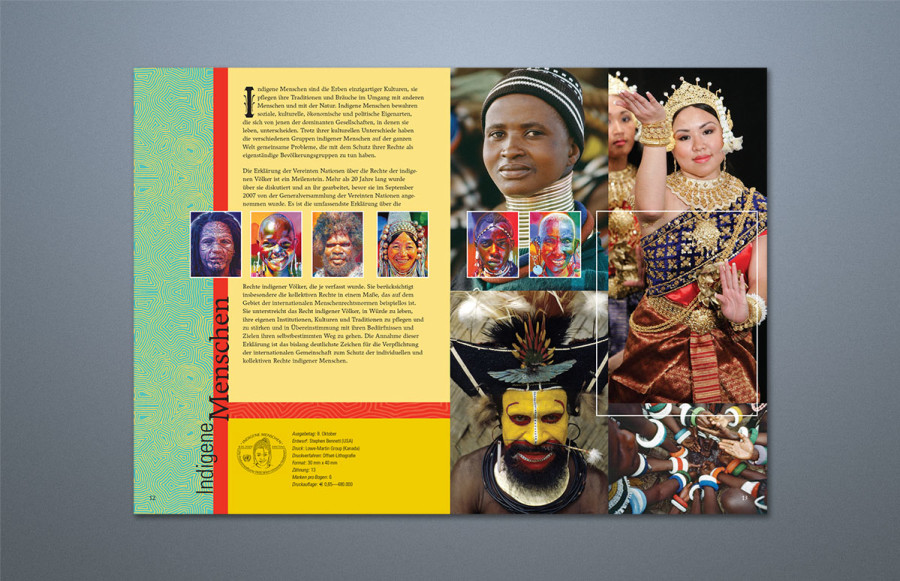 United Nations Stamp Collection Booklets: 3 lots - English, French and German. 8-1/2 x 12 bleed, 12 pages plus cover. Cover: 4-color process plus hi gloss varnish printed on 120# Recycled Gloss cover. Text: 4-color process plus spot gloss varnish on 80# Recycled Gloss text. Die score cover, fold, stitch, trim and saddle wire stitch.