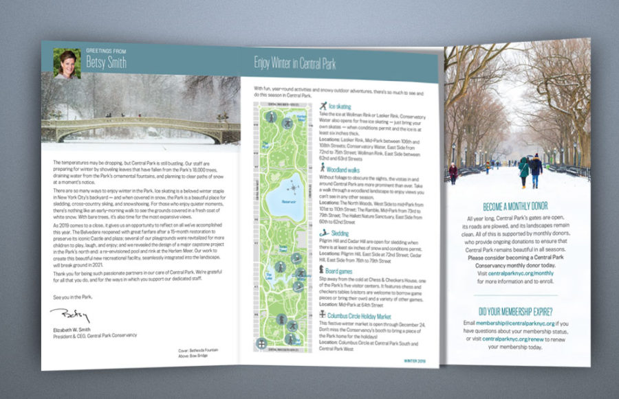 The Insider: 3 panel foldout cover + 4 pages + remittance envelope. Page trim: 5-1/2 x 8-1/2 upright. Prints 4-color process + AQ 2/sides throughout (5/5). Printing on 100# Silk Text. Cover open size 8-1/2 x 14-7/8 plus bleed. Short panel (4”) on back.