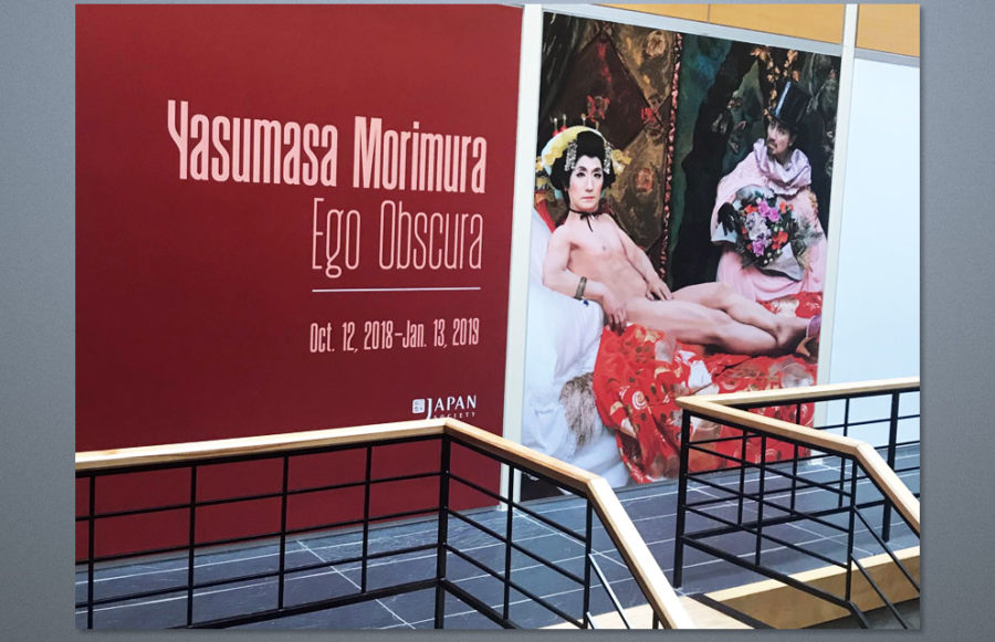 japansociety-2018-1 Japan Society - Morimura Exhibition: An exhibition utilizing three different technologies and substrates: matte vinyl w/adhesive back (Part Cad Cut), Fabritac w/adhesive-back, and Indigo on Cardstock (130# Cover). Indigo and SAV hard copy color proofs supplied as samples. Installation completed on rush holiday schedule.