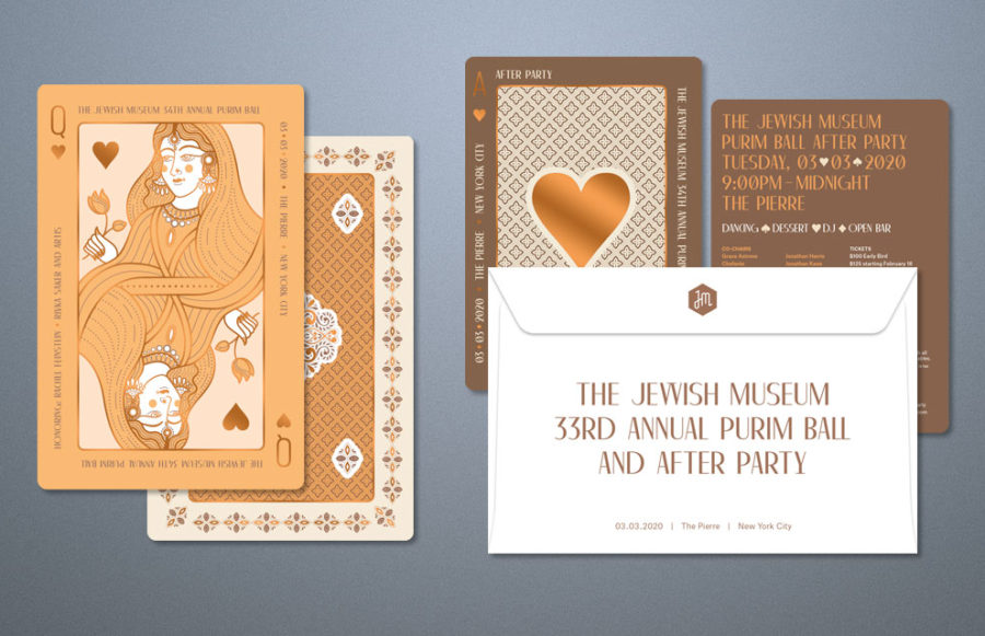 jewishmuseum1 Invitation: 17.125 x 8.75 plus bleed open size, printing on 100# Cougar Cover. PMS 2008 + PMS 876 2 sides (2/2). 1 side with metallic copper foil. Ink coverage medium to heavy. Foil coverage on small items with tight registration required. Round cornering. Final size 5.75 x 8.75, pack bulk in cartons.