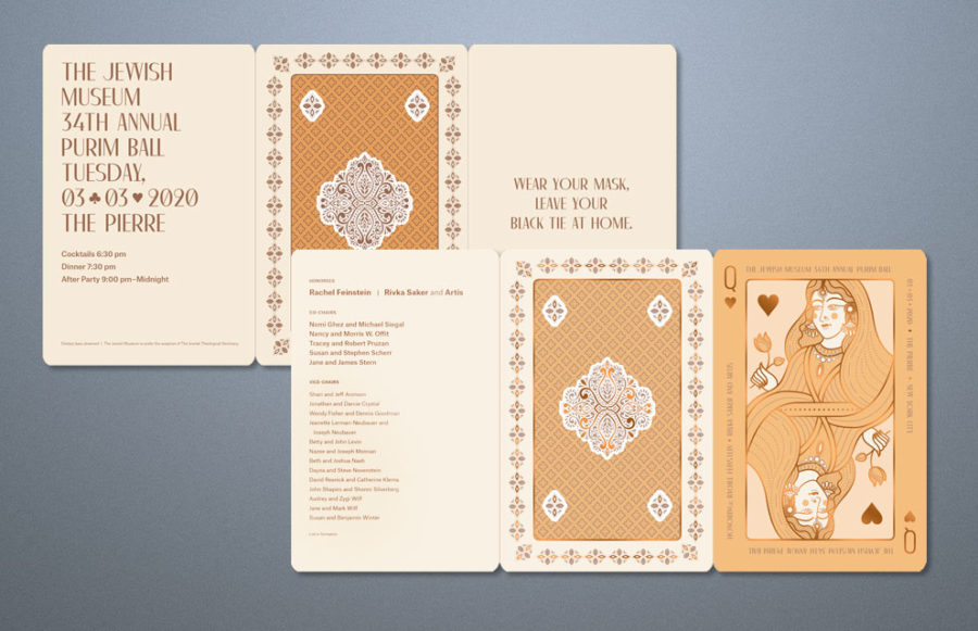 jewishmuseum2 Invitation: 17.125 x 8.75 plus bleed open size, printing on 100# Cougar Cover. PMS 2008 + PMS 876 2 sides (2/2). 1 side with metallic copper foil. Ink coverage medium to heavy. Foil coverage on small items with tight registration required. Round cornering. Final size 5.75 x 8.75, pack bulk in cartons