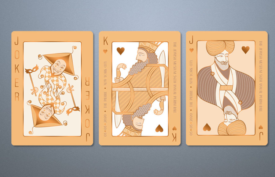 jewishmuseum3 4 Lots playing cards: Each 5x7 plus bleed on 100# Cougar Cover printing in combo with Invites.  PMS 2008 + PMS 876 2 sides (2/2). Metallic Copper Foil 1 side each card small areas spread out over 5 x 7. Round Corner. Pack in cartons keeping lots separate.