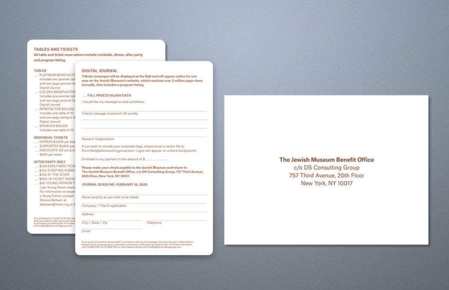 jewishmuseum4 Reply Envelope: A7 70# Cougar PMS 876 1 side (1/0). Outer Envelope: 6 x 9 Booklet 28# White Wove prints PMS 876 2 sides 1/1.