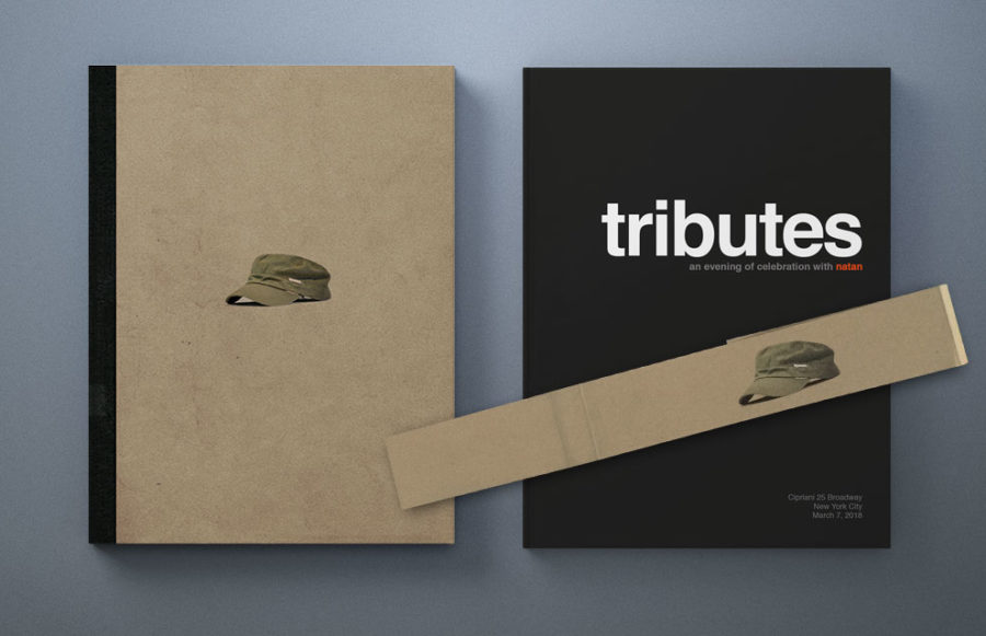 Natan Sharansky Tribute Books:  Cover printing for mounting to Binders Boards.  Opaque White + 4CP 1 side (5/0) on 80# Speckletone Kraft Cover. Register sculpted emboss. Belly Band:  2 x 21 Same spec without the emboss, scored + application of transfer tape.  Run in combo with cover.