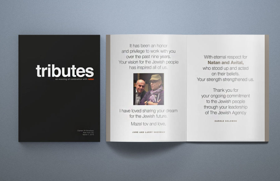 Natan Sharansky Tribute Books: AD Book:  56 pages plus cover, saddle wire stitched. Interior pages 4CP + 5 Metallics (Sapphire, Platinum, Gold, Silver, Bronze) + Non Metallic PMS spot orange + overall satin AQ printing on 100# McCoy Silk Text. Covers 4CP + 1 PMS + AQ 2/sides on 130# McCoy Silk Cover