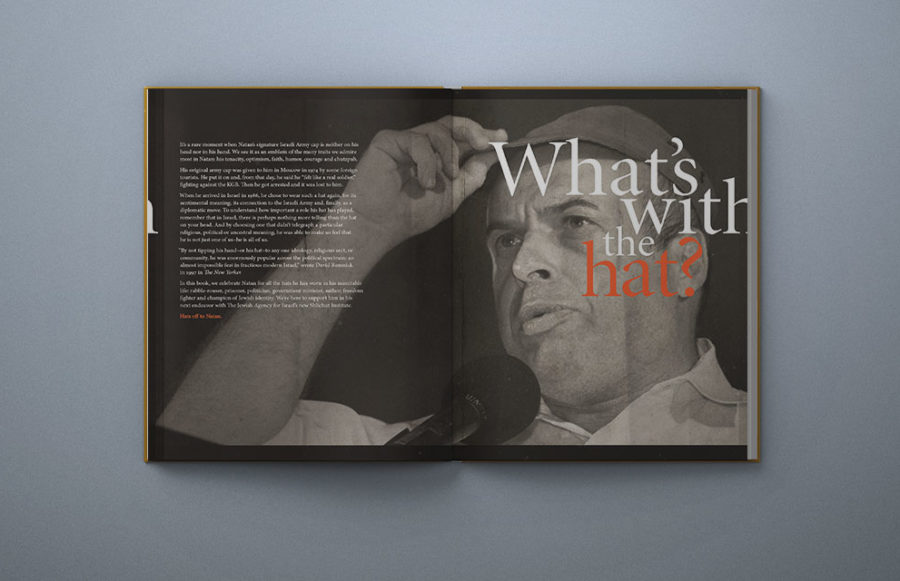 Natan Sharansky Tribute Books:  Hard cover binding: Smyth sewn book block. Using matching Speckletone end papers. Mount printed embossed paper cover to Binders Board. Black cloth for spine binding. Flush trim cover, cover extends slightly beyond page trim.